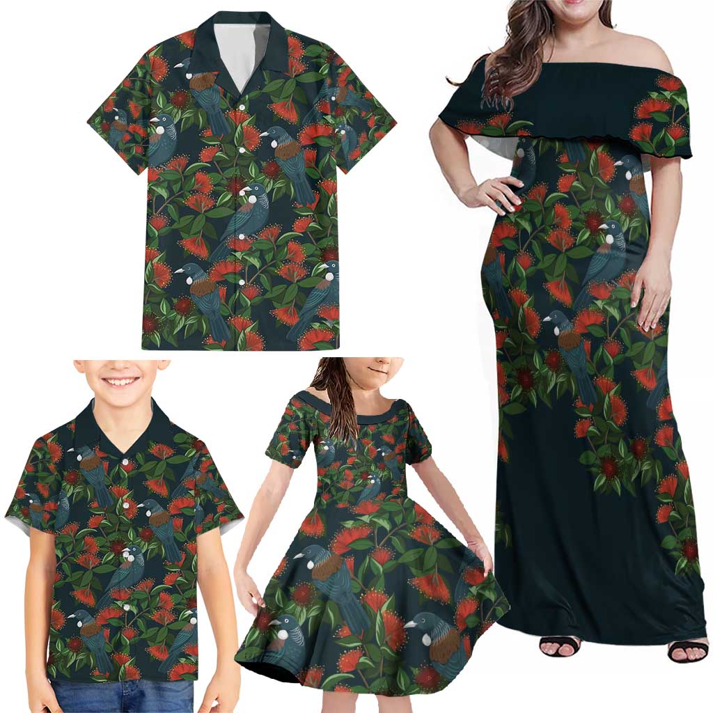 New Zealand Christmas Family Matching Off Shoulder Maxi Dress and Hawaiian Shirt Romantic Tui Birds on Pohutukawa - Cobalt LT7 - Polynesian Pride