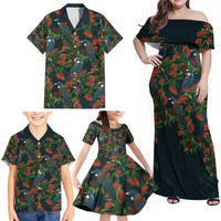 New Zealand Christmas Family Matching Off Shoulder Maxi Dress and Hawaiian Shirt Romantic Tui Birds on Pohutukawa - Cobalt LT7 - Polynesian Pride