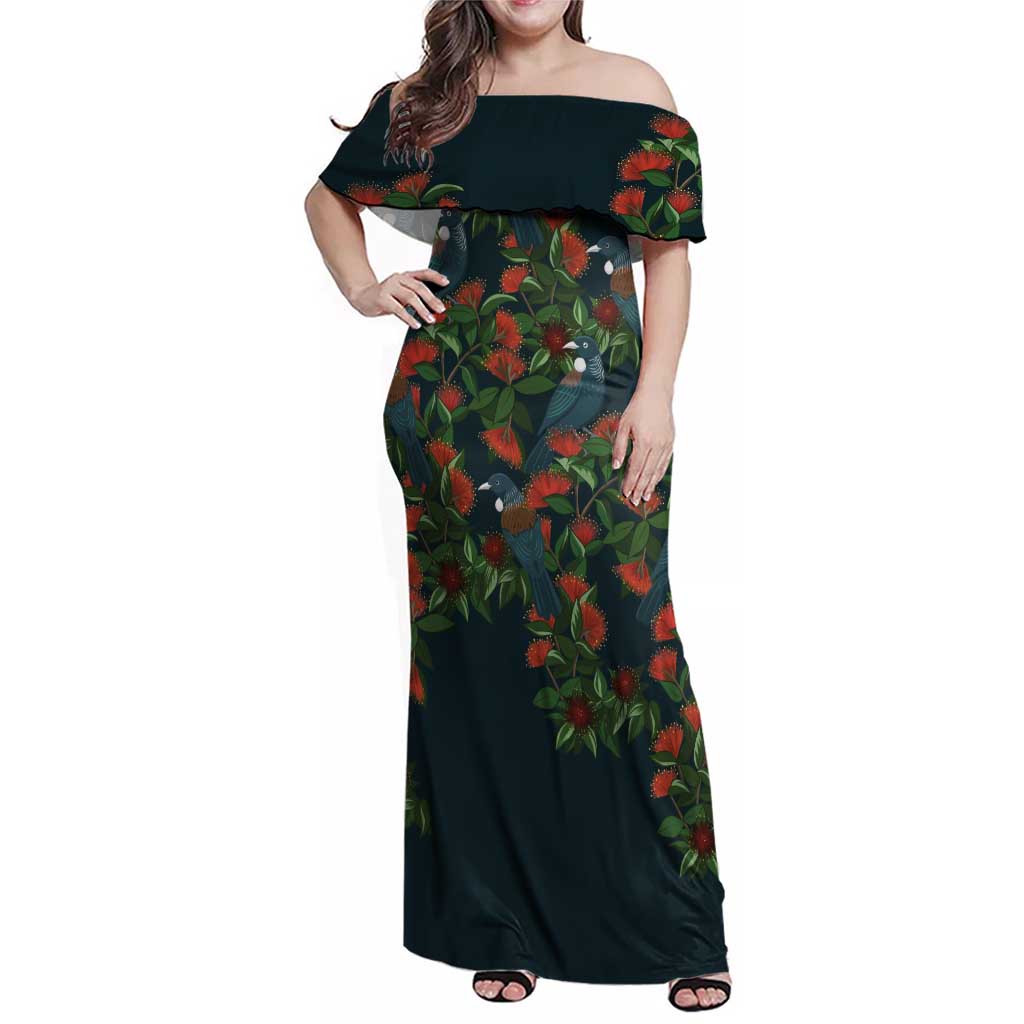 New Zealand Christmas Family Matching Off Shoulder Maxi Dress and Hawaiian Shirt Romantic Tui Birds on Pohutukawa - Cobalt LT7 Mom's Dress Cobalt - Polynesian Pride