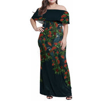 New Zealand Christmas Family Matching Off Shoulder Maxi Dress and Hawaiian Shirt Romantic Tui Birds on Pohutukawa - Cobalt LT7 Mom's Dress Cobalt - Polynesian Pride