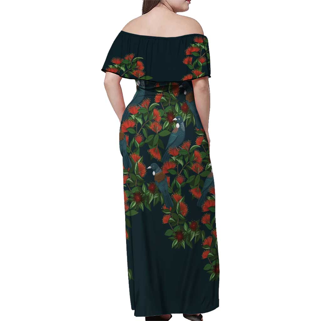 New Zealand Christmas Family Matching Off Shoulder Maxi Dress and Hawaiian Shirt Romantic Tui Birds on Pohutukawa - Cobalt LT7 - Polynesian Pride