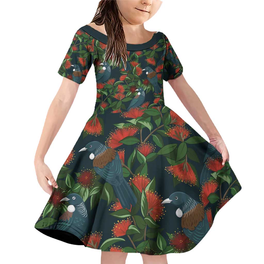 New Zealand Christmas Family Matching Off Shoulder Short Dress and Hawaiian Shirt Romantic Tui Birds on Pohutukawa - Cobalt LT7 Daughter's Dress Cobalt - Polynesian Pride