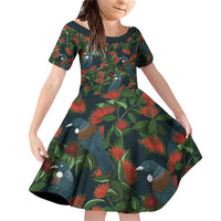 New Zealand Christmas Family Matching Off Shoulder Short Dress and Hawaiian Shirt Romantic Tui Birds on Pohutukawa - Cobalt LT7 Daughter's Dress Cobalt - Polynesian Pride