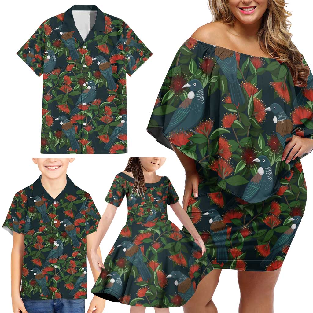 New Zealand Christmas Family Matching Off Shoulder Short Dress and Hawaiian Shirt Romantic Tui Birds on Pohutukawa - Cobalt LT7 - Polynesian Pride