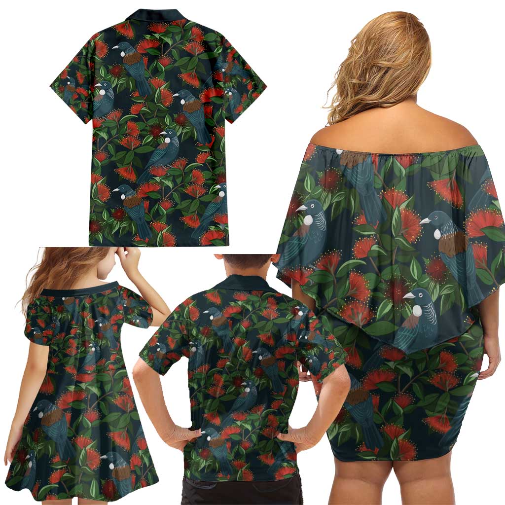 New Zealand Christmas Family Matching Off Shoulder Short Dress and Hawaiian Shirt Romantic Tui Birds on Pohutukawa - Cobalt LT7 - Polynesian Pride