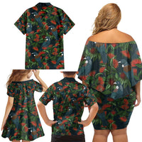 New Zealand Christmas Family Matching Off Shoulder Short Dress and Hawaiian Shirt Romantic Tui Birds on Pohutukawa - Cobalt LT7 - Polynesian Pride
