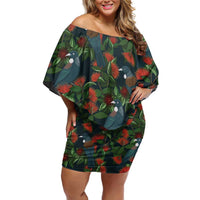 New Zealand Christmas Family Matching Off Shoulder Short Dress and Hawaiian Shirt Romantic Tui Birds on Pohutukawa - Cobalt LT7 Mom's Dress Cobalt - Polynesian Pride