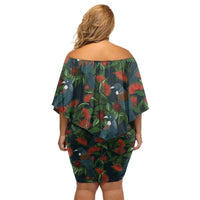 New Zealand Christmas Family Matching Off Shoulder Short Dress and Hawaiian Shirt Romantic Tui Birds on Pohutukawa - Cobalt LT7 - Polynesian Pride