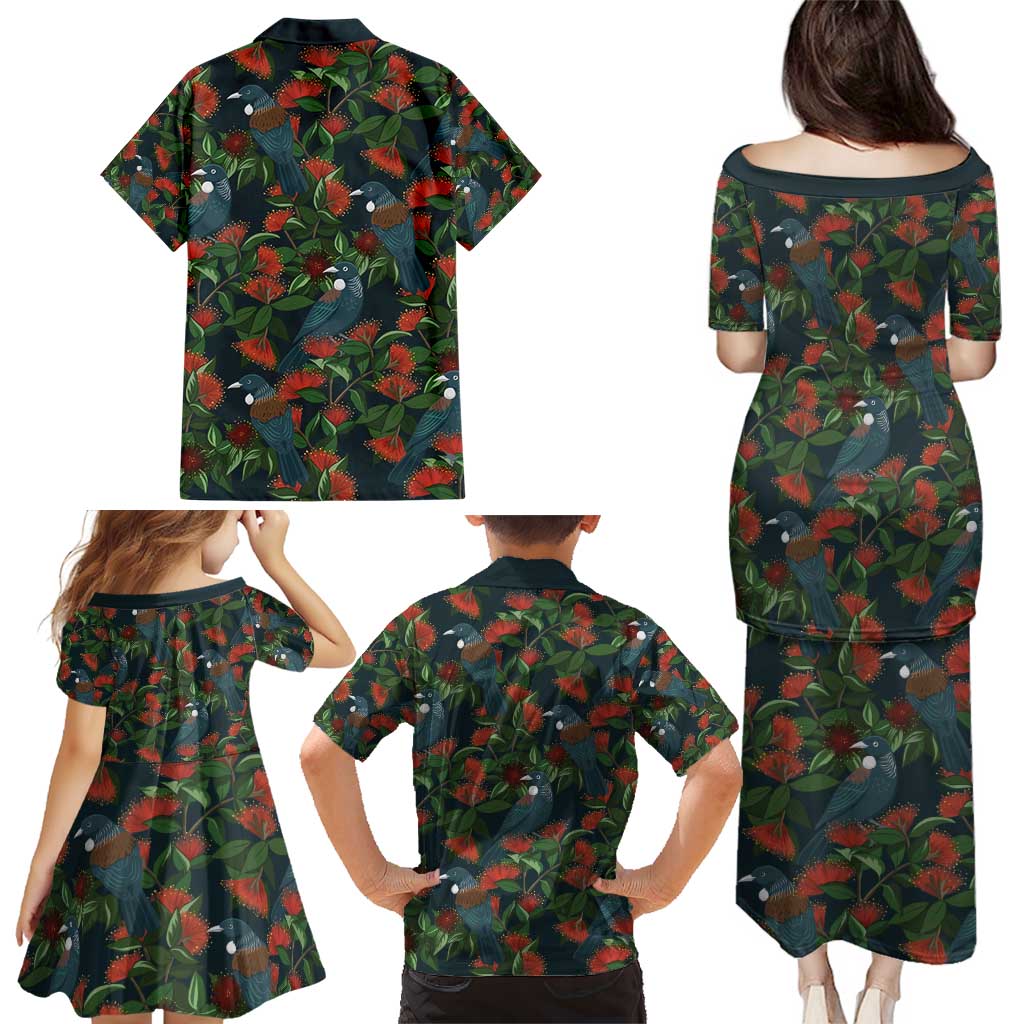 New Zealand Christmas Family Matching Puletasi and Hawaiian Shirt Romantic Tui Birds on Pohutukawa - Cobalt LT7 - Polynesian Pride
