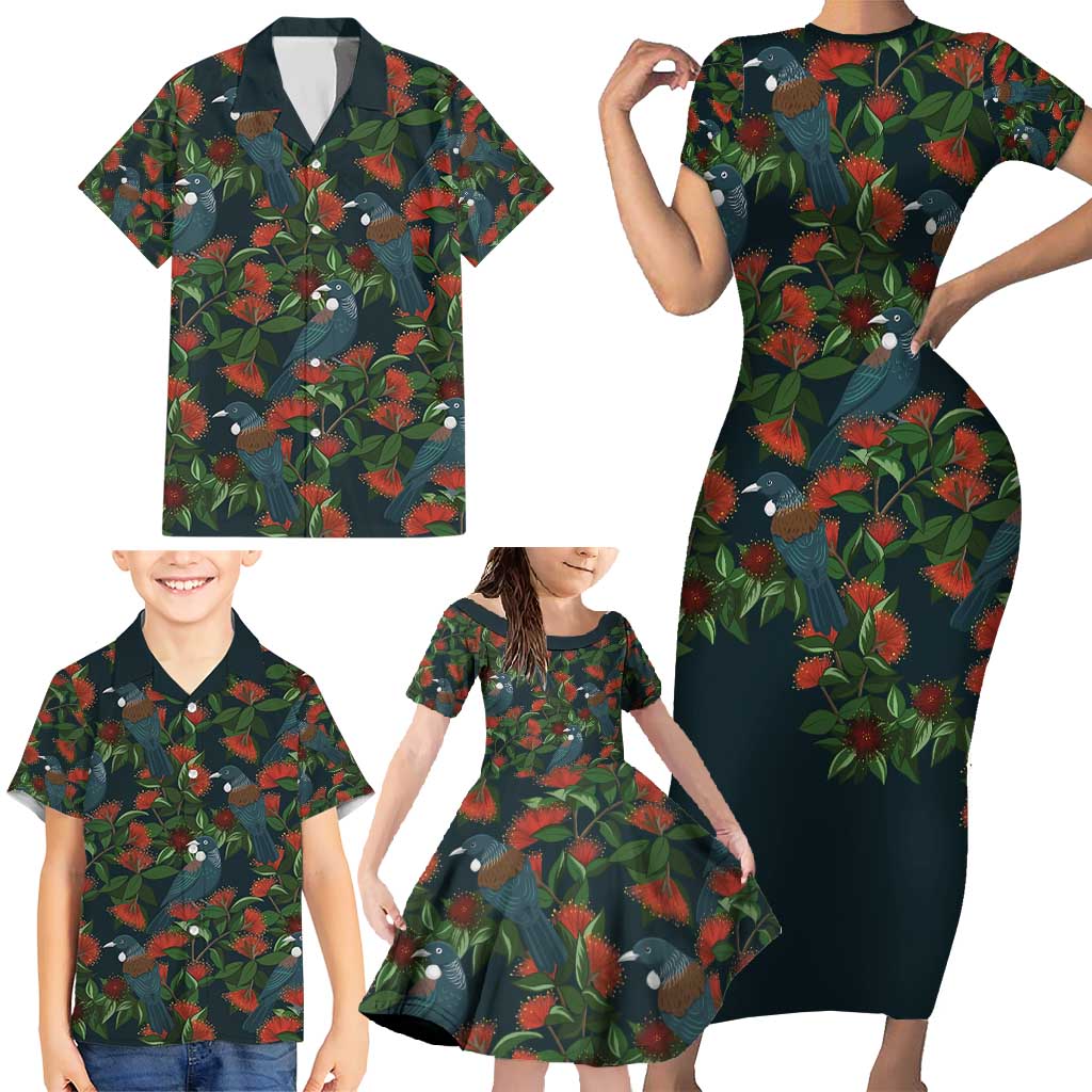 New Zealand Christmas Family Matching Short Sleeve Bodycon Dress and Hawaiian Shirt Romantic Tui Birds on Pohutukawa - Cobalt LT7 - Polynesian Pride