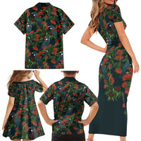 New Zealand Christmas Family Matching Short Sleeve Bodycon Dress and Hawaiian Shirt Romantic Tui Birds on Pohutukawa - Cobalt LT7 - Polynesian Pride