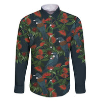 New Zealand Christmas Family Matching Short Sleeve Bodycon Dress and Hawaiian Shirt Romantic Tui Birds on Pohutukawa - Cobalt LT7 Dad's Shirt - Long Sleeve Cobalt - Polynesian Pride