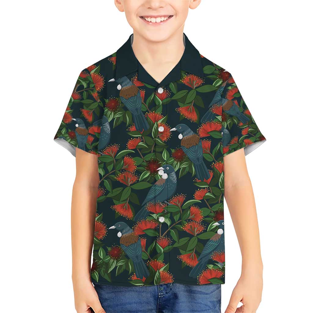 New Zealand Christmas Family Matching Short Sleeve Bodycon Dress and Hawaiian Shirt Romantic Tui Birds on Pohutukawa - Cobalt LT7 Son's Shirt Cobalt - Polynesian Pride
