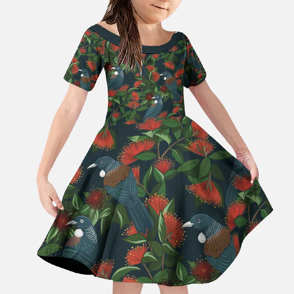 New Zealand Christmas Family Matching Summer Maxi Dress and Hawaiian Shirt Romantic Tui Birds on Pohutukawa - Cobalt LT7 Daughter's Dress Cobalt - Polynesian Pride