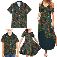 New Zealand Christmas Family Matching Summer Maxi Dress and Hawaiian Shirt Romantic Tui Birds on Pohutukawa - Cobalt LT7 - Polynesian Pride