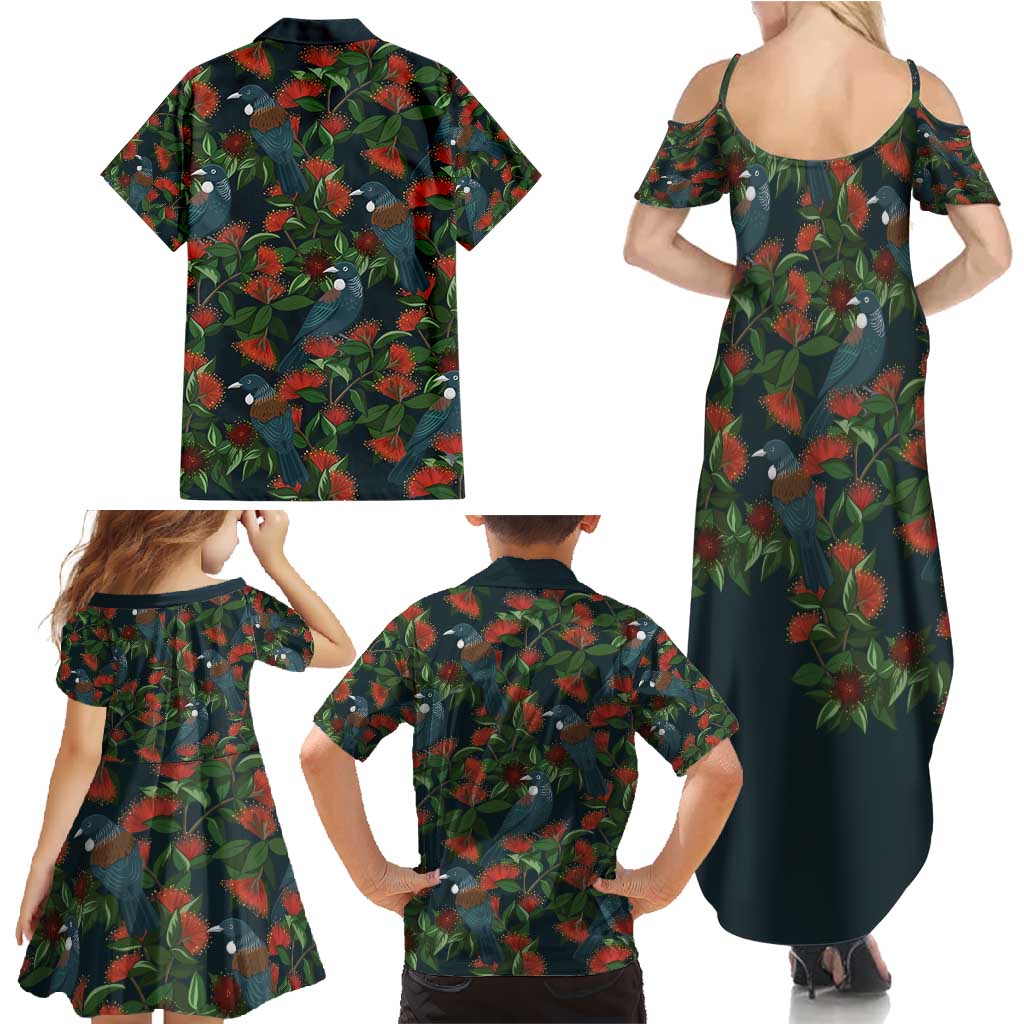 New Zealand Christmas Family Matching Summer Maxi Dress and Hawaiian Shirt Romantic Tui Birds on Pohutukawa - Cobalt LT7 - Polynesian Pride