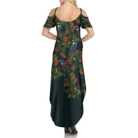 New Zealand Christmas Family Matching Summer Maxi Dress and Hawaiian Shirt Romantic Tui Birds on Pohutukawa - Cobalt LT7 - Polynesian Pride
