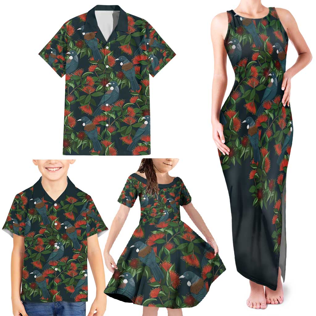 New Zealand Christmas Family Matching Tank Maxi Dress and Hawaiian Shirt Romantic Tui Birds on Pohutukawa - Cobalt LT7 - Polynesian Pride