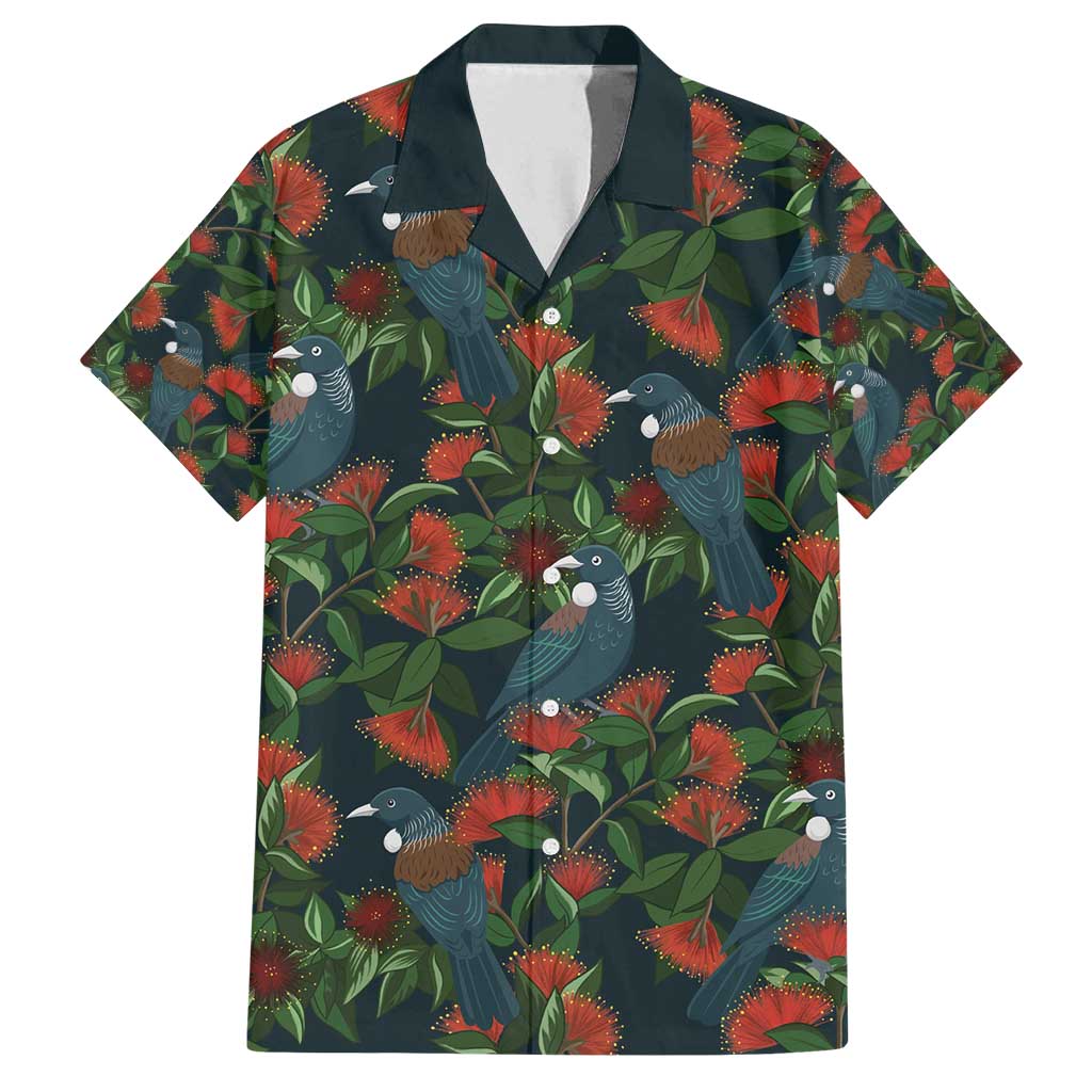 New Zealand Christmas Family Matching Tank Maxi Dress and Hawaiian Shirt Romantic Tui Birds on Pohutukawa - Cobalt LT7 Dad's Shirt - Short Sleeve Cobalt - Polynesian Pride