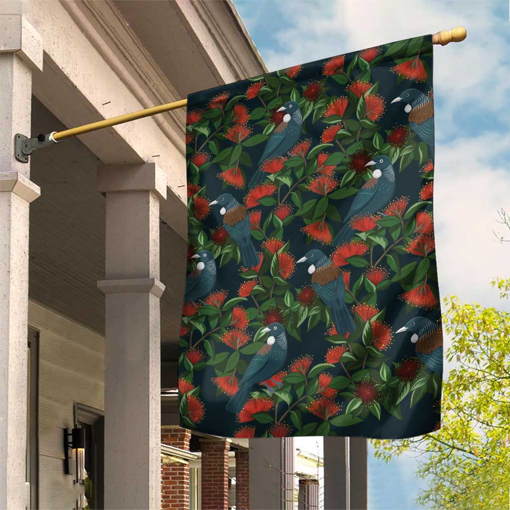 New Zealand Christmas Garden Flag Romantic Tui Birds on Pohutukawa - Cobalt - Polynesian Pride