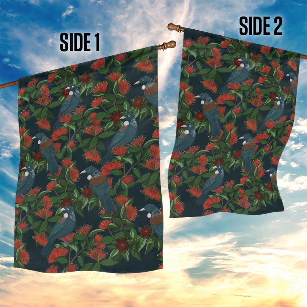 New Zealand Christmas Garden Flag Romantic Tui Birds on Pohutukawa - Cobalt - Polynesian Pride