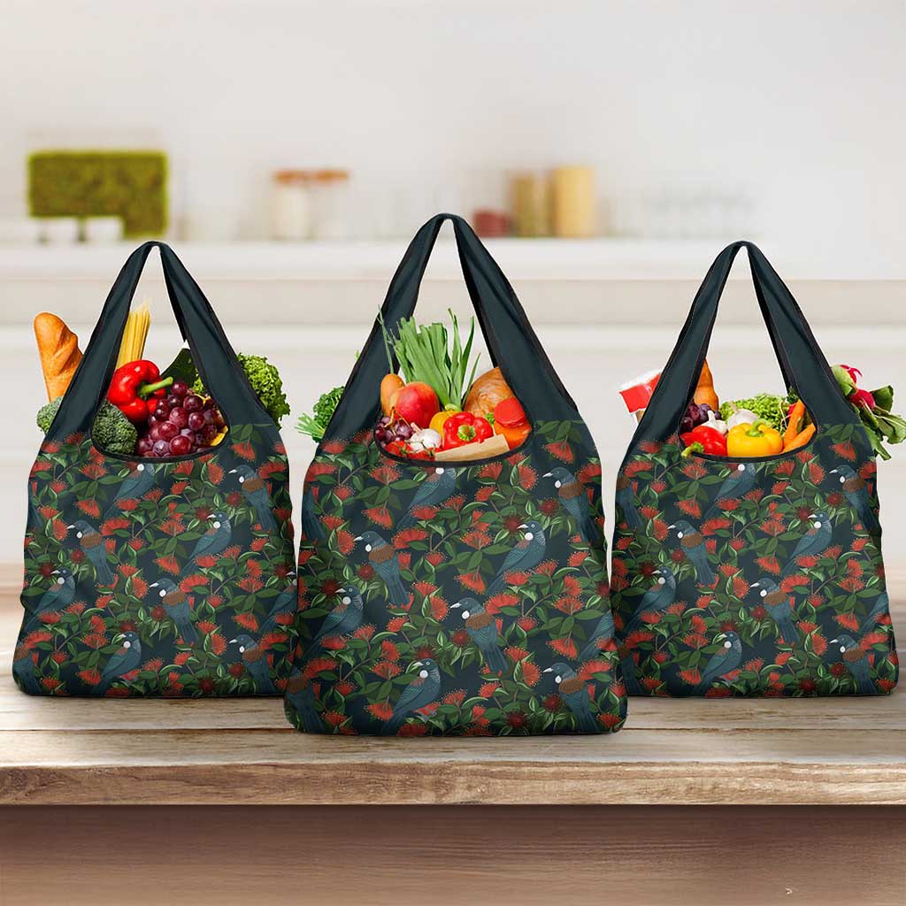 New Zealand Christmas Grocery Bag Romantic Tui Birds on Pohutukawa - Cobalt - Polynesian Pride