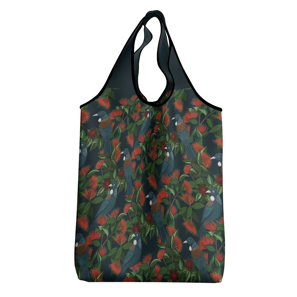 New Zealand Christmas Grocery Bag Romantic Tui Birds on Pohutukawa - Cobalt - Polynesian Pride