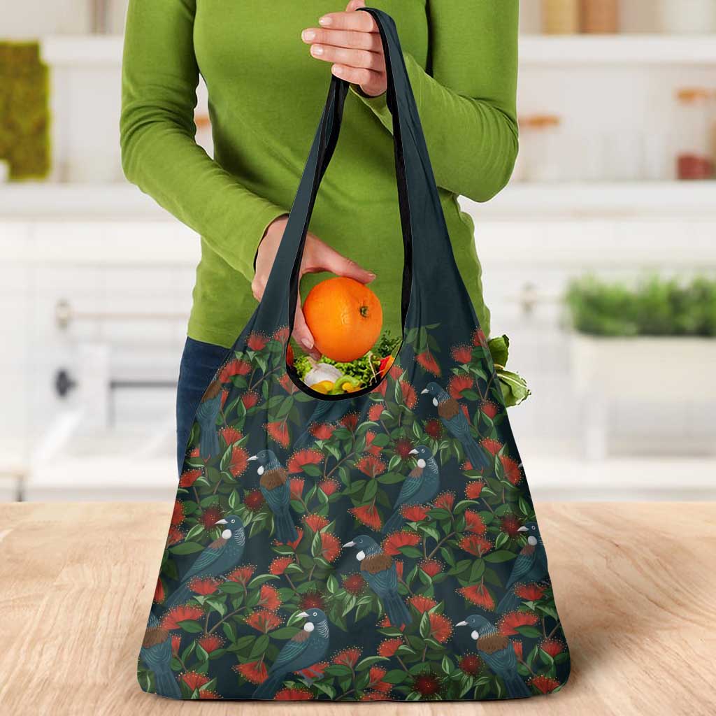 New Zealand Christmas Grocery Bag Romantic Tui Birds on Pohutukawa - Cobalt - Polynesian Pride