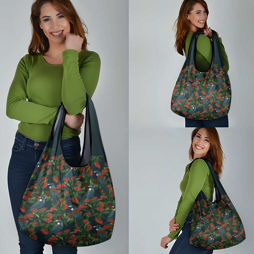 New Zealand Christmas Grocery Bag Romantic Tui Birds on Pohutukawa - Cobalt - Polynesian Pride