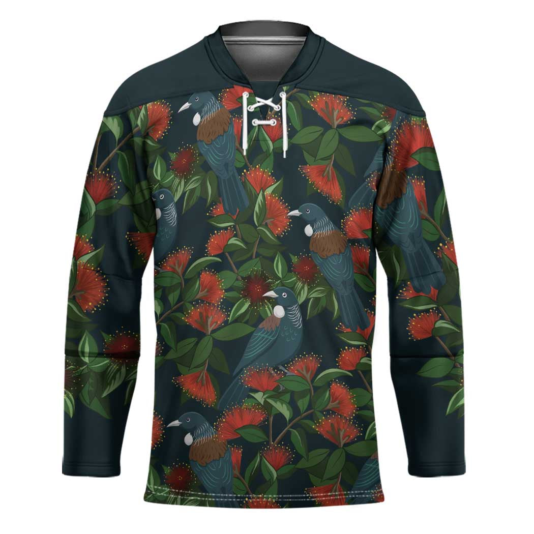 New Zealand Christmas Hockey Jersey Romantic Tui Birds on Pohutukawa - Cobalt - Polynesian Pride