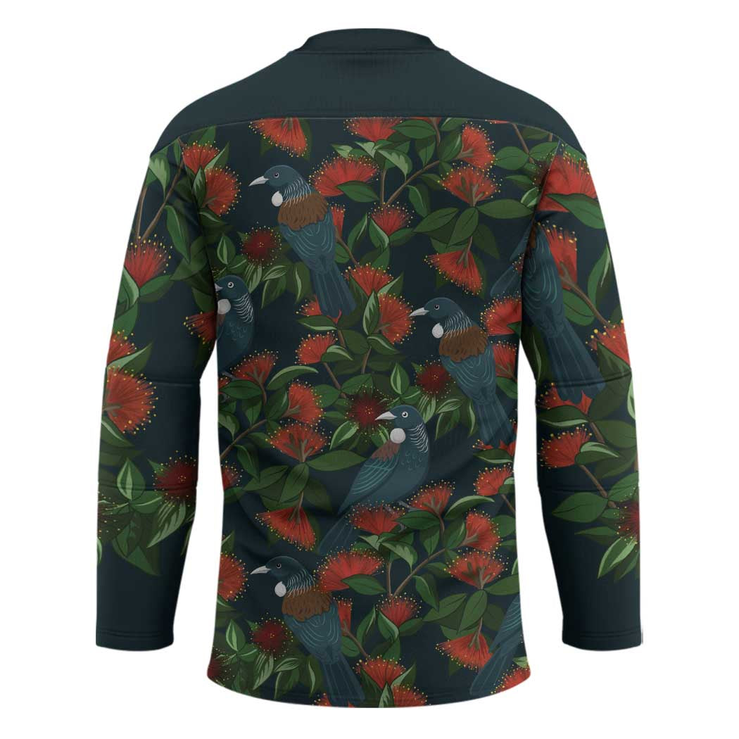 New Zealand Christmas Hockey Jersey Romantic Tui Birds on Pohutukawa - Cobalt - Polynesian Pride