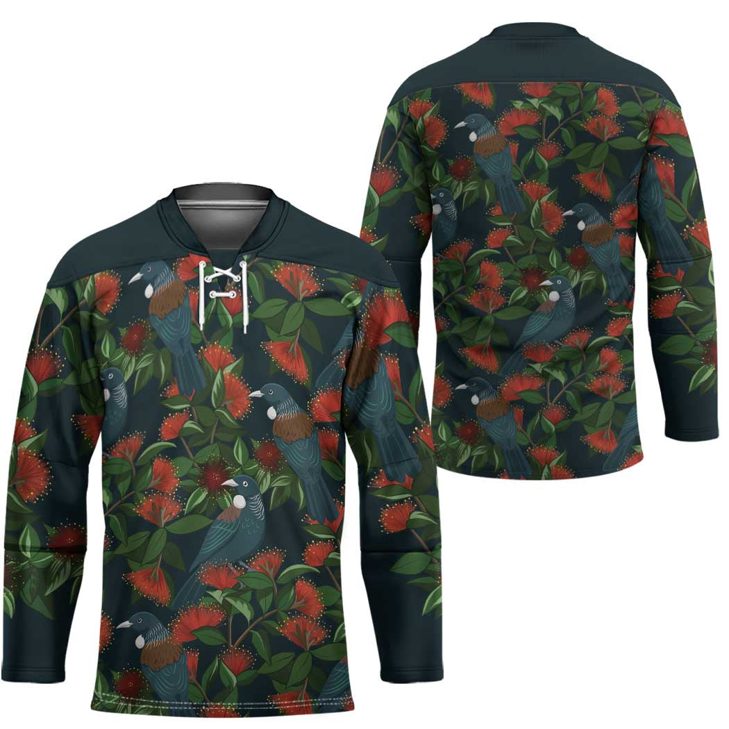 New Zealand Christmas Hockey Jersey Romantic Tui Birds on Pohutukawa - Cobalt - Polynesian Pride
