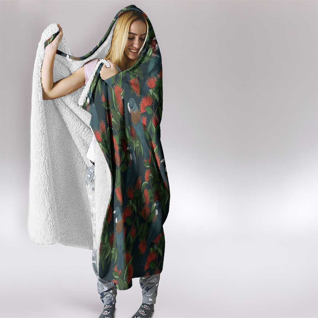 New Zealand Christmas Hooded Blanket Romantic Tui Birds on Pohutukawa - Cobalt - Polynesian Pride