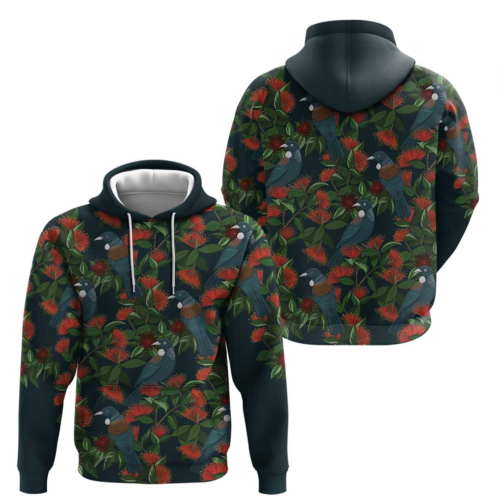New Zealand Christmas Hoodie Romantic Tui Birds on Pohutukawa - Cobalt - Polynesian Pride