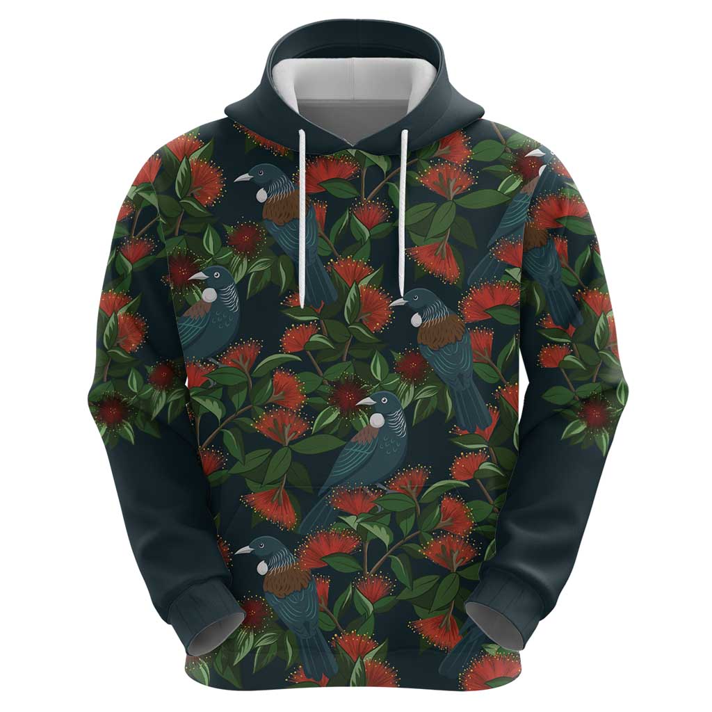 New Zealand Christmas Hoodie Romantic Tui Birds on Pohutukawa - Cobalt - Polynesian Pride