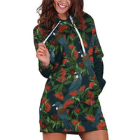 New Zealand Christmas Hoodie Dress Romantic Tui Birds on Pohutukawa - Cobalt LT7 Cobalt - Polynesian Pride