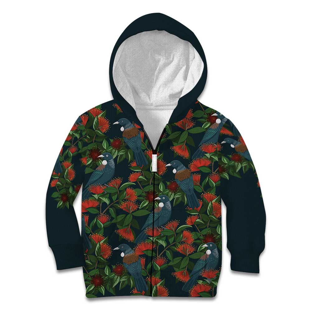 New Zealand Christmas Kid Hoodie Romantic Tui Birds on Pohutukawa - Cobalt - Polynesian Pride