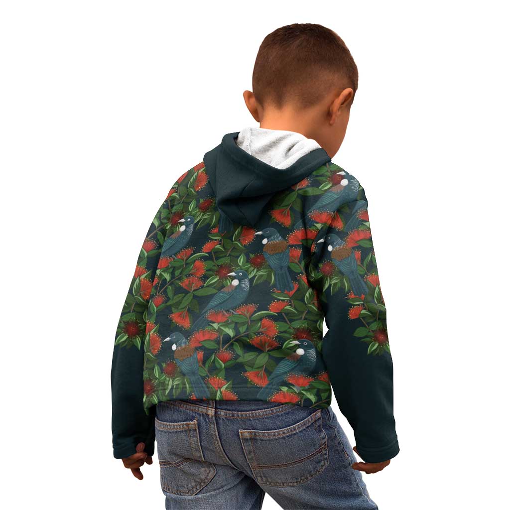 New Zealand Christmas Kid Hoodie Romantic Tui Birds on Pohutukawa - Cobalt - Polynesian Pride