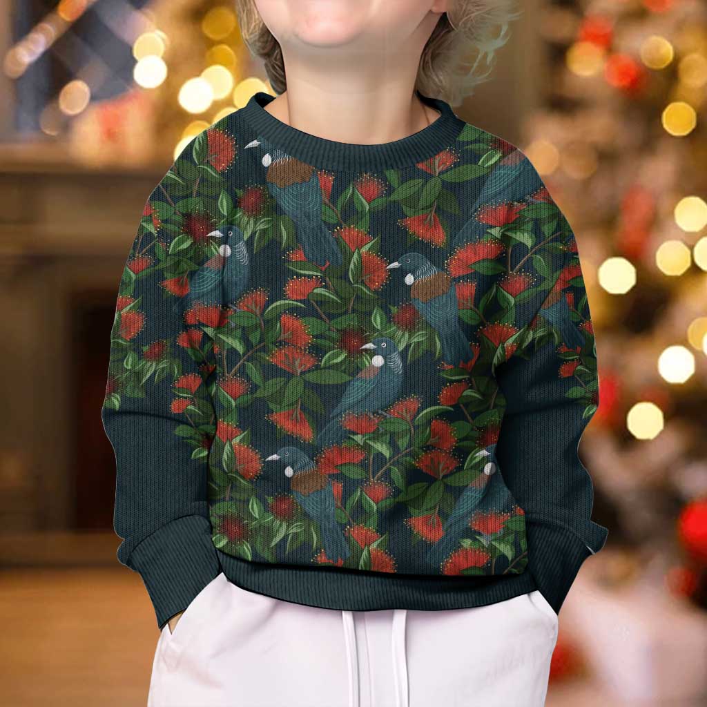 New Zealand Christmas Kid Ugly Christmas Sweater Romantic Tui Birds on Pohutukawa - Cobalt - Polynesian Pride