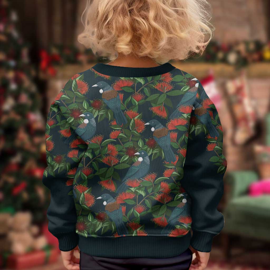 New Zealand Christmas Kid Ugly Christmas Sweater Romantic Tui Birds on Pohutukawa - Cobalt - Polynesian Pride