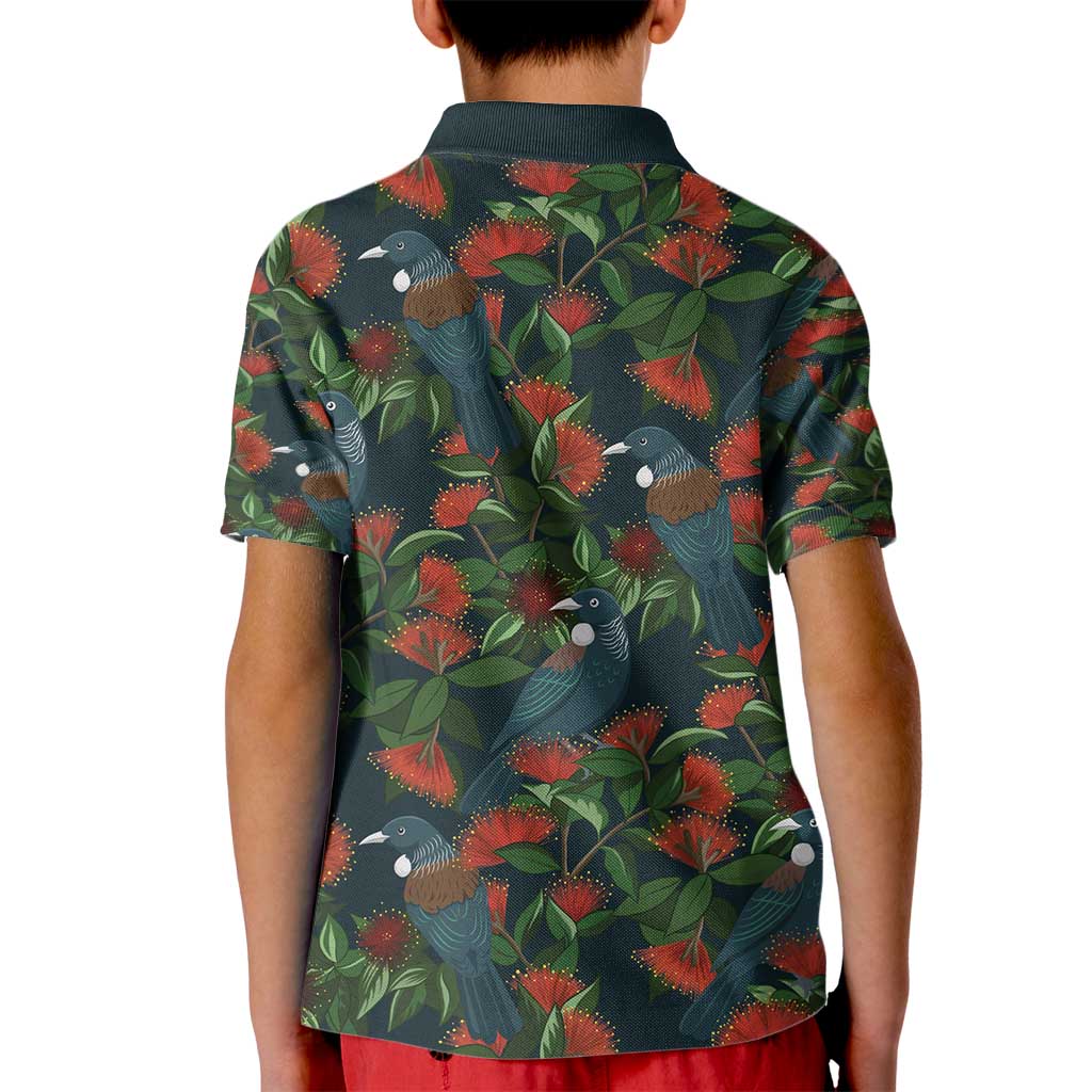 New Zealand Christmas Kid Polo Shirt Romantic Tui Birds on Pohutukawa - Cobalt - Polynesian Pride