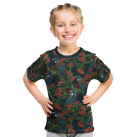 New Zealand Christmas Kid T Shirt Romantic Tui Birds on Pohutukawa - Cobalt - Polynesian Pride