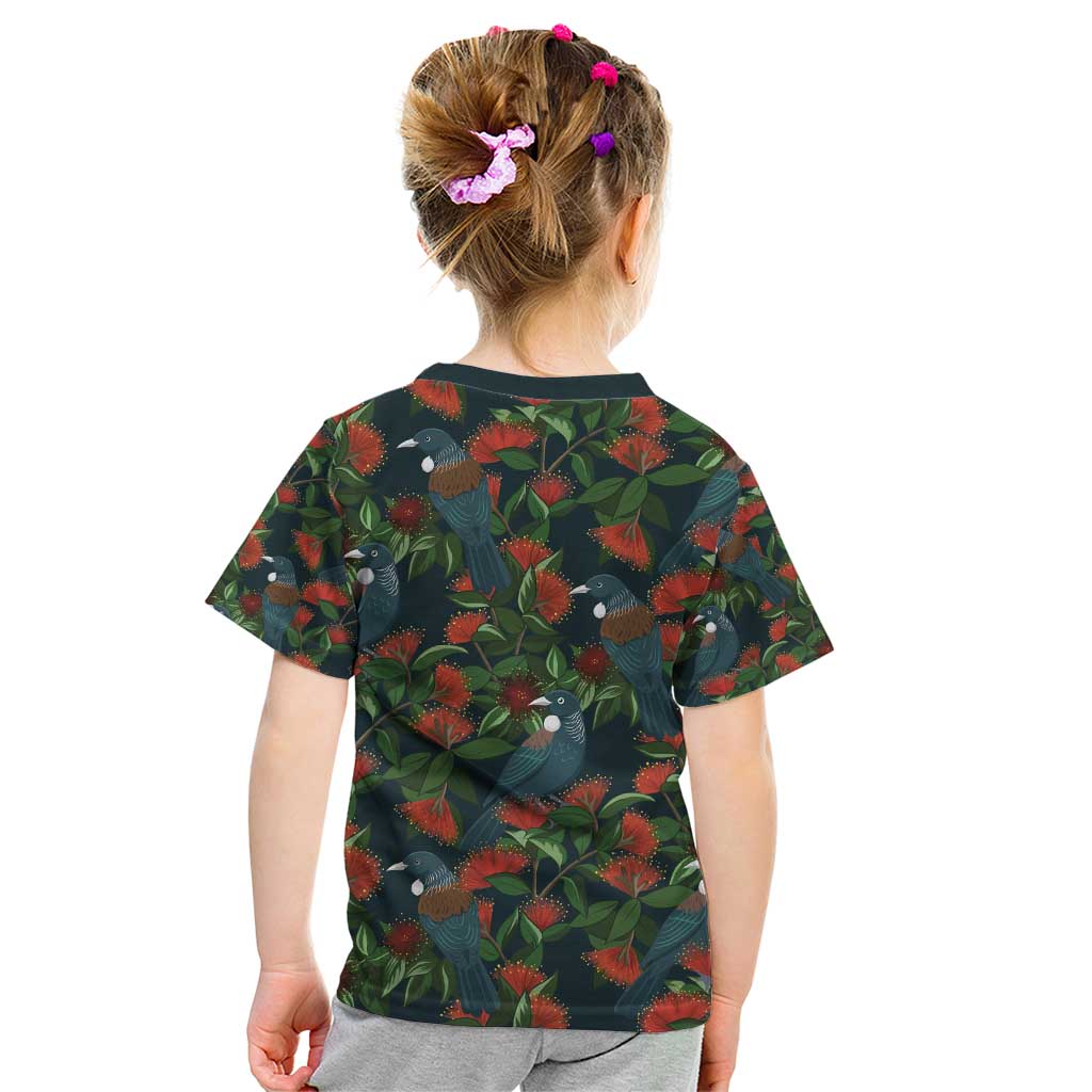 New Zealand Christmas Kid T Shirt Romantic Tui Birds on Pohutukawa - Cobalt - Polynesian Pride