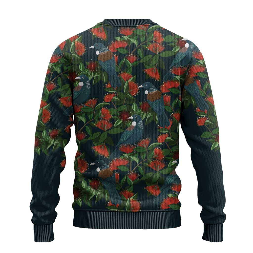 New Zealand Christmas Ugly Christmas Sweater Romantic Tui Birds on Pohutukawa - Cobalt - Polynesian Pride