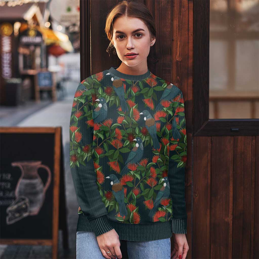 New Zealand Christmas Ugly Christmas Sweater Romantic Tui Birds on Pohutukawa - Cobalt - Polynesian Pride