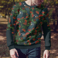 New Zealand Christmas Ugly Christmas Sweater Romantic Tui Birds on Pohutukawa - Cobalt - Polynesian Pride