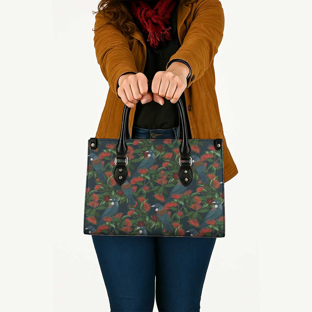 New Zealand Christmas Leather Bag Romantic Tui Birds on Pohutukawa - Cobalt - Polynesian Pride