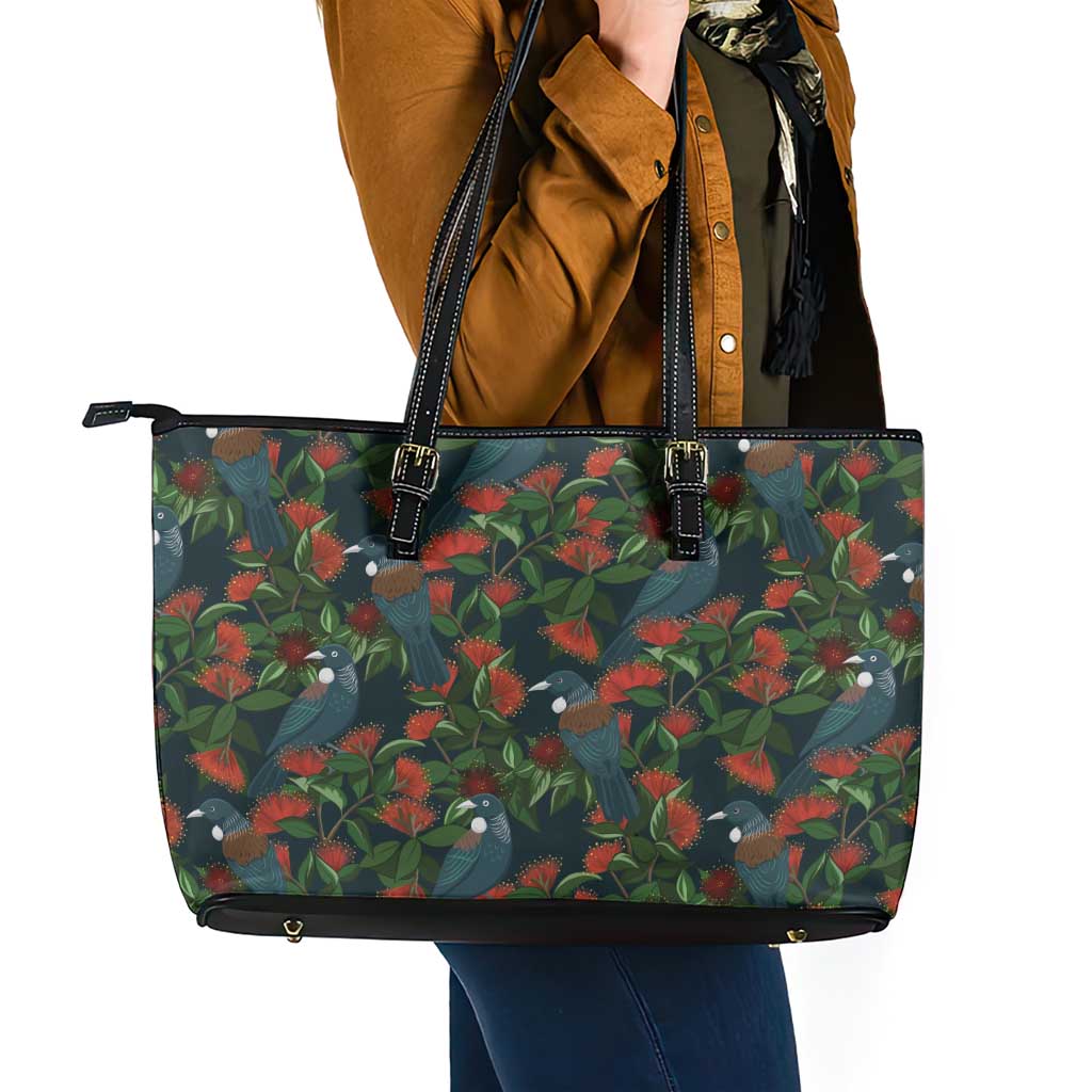 New Zealand Christmas Leather Tote Bag Romantic Tui Birds on Pohutukawa - Cobalt - Polynesian Pride