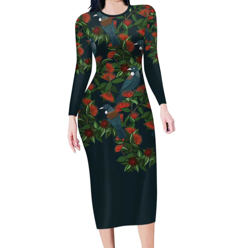 New Zealand Christmas Long Sleeve Bodycon Dress Romantic Tui Birds on Pohutukawa - Cobalt LT7 Long Dress Cobalt - Polynesian Pride