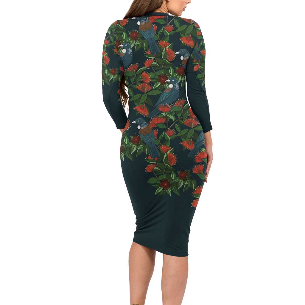 New Zealand Christmas Long Sleeve Bodycon Dress Romantic Tui Birds on Pohutukawa - Cobalt LT7 - Polynesian Pride